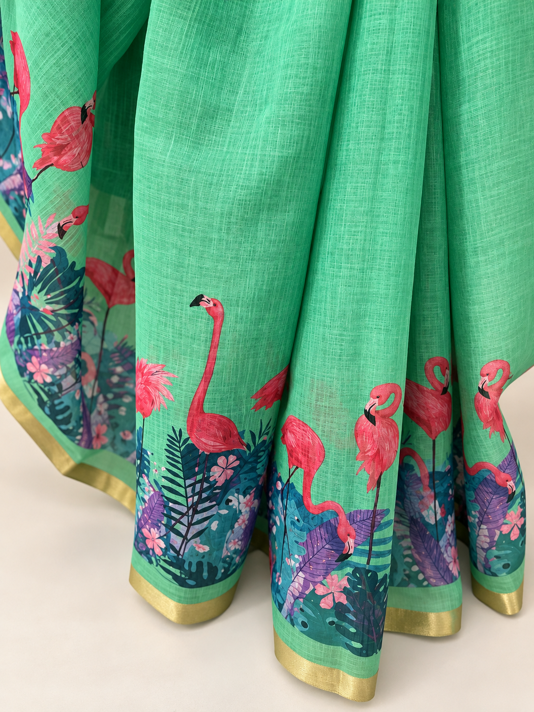 Flamingo print Linen Zari Saree