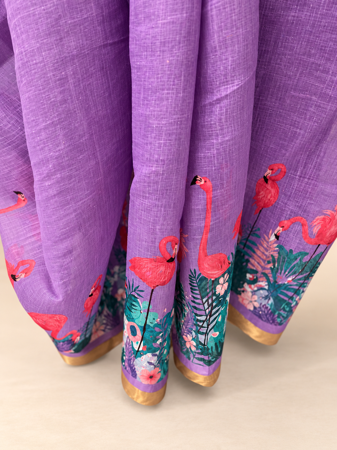 Flamingo print Linen Zari Saree