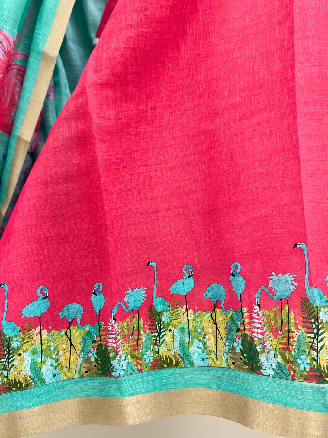 Flamingo print Linen Zari Saree