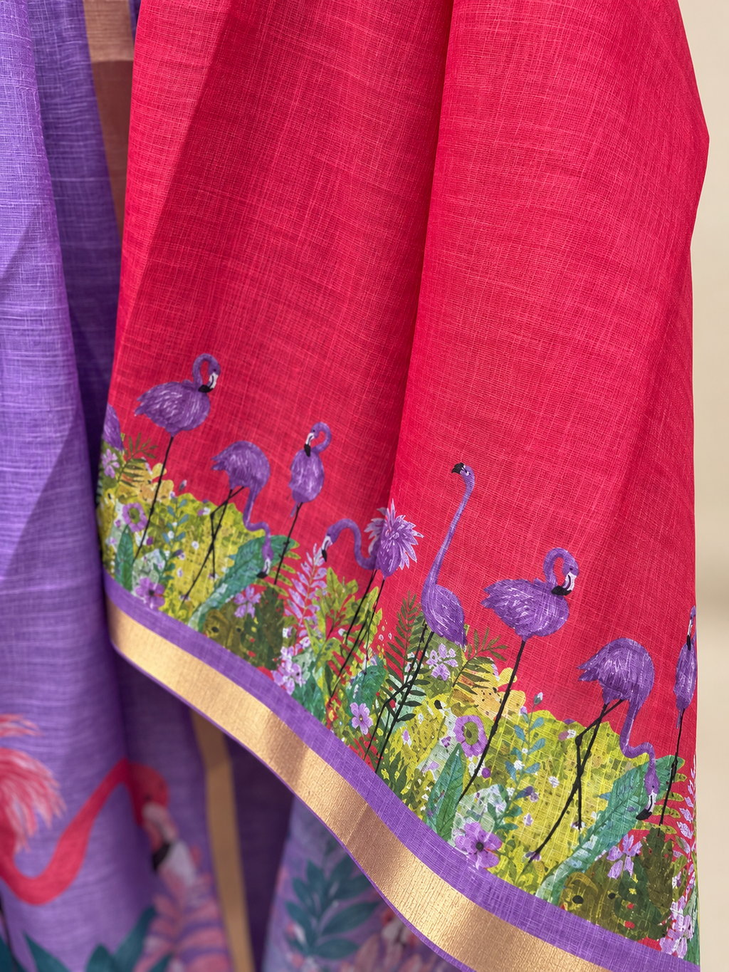Flamingo print Linen Zari Saree