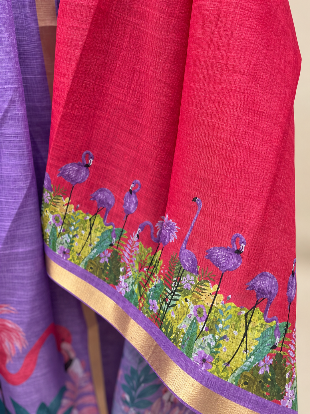 Flamingo print Linen Zari Saree