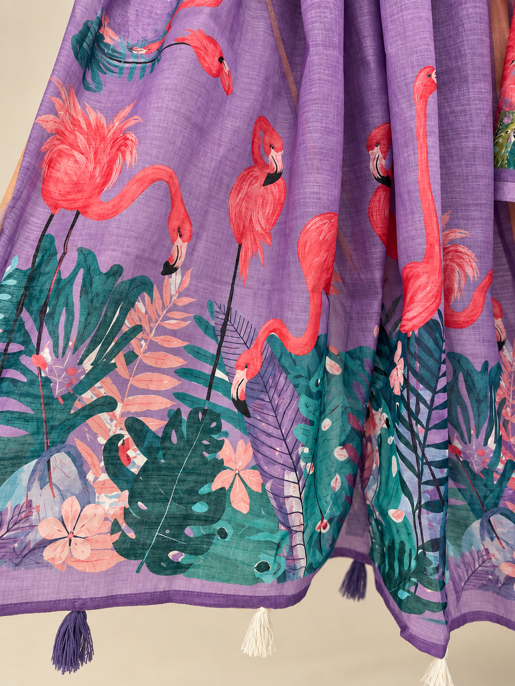 Flamingo print Linen Zari Saree
