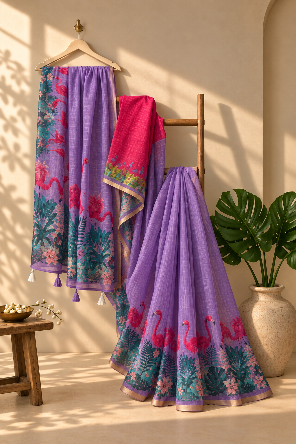 Flamingo print Linen Zari Saree