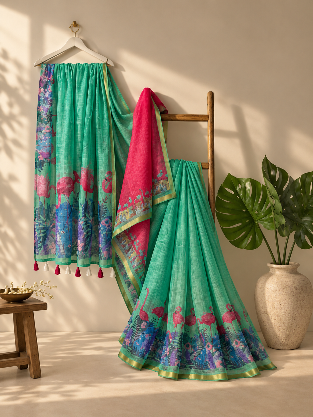 Flamingo print Linen Zari Saree