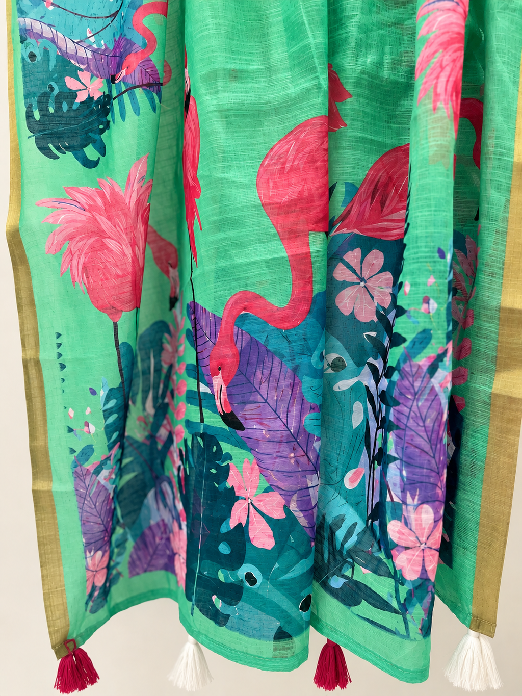 Flamingo print Linen Zari Saree
